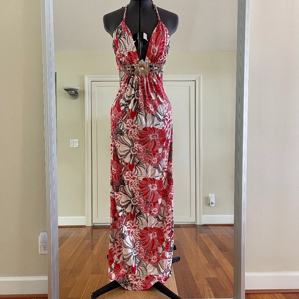 Sky Cream Red Floral Jersey Maxi Halter Dress